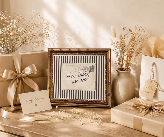 Vintage Gold Framed How Lucky We Are Wall Art Retro Inspirational Canvas | Antique Striped Postcard Quote Poster Print Painting for Bedroom Dorm Apartment, 16x24 Inch