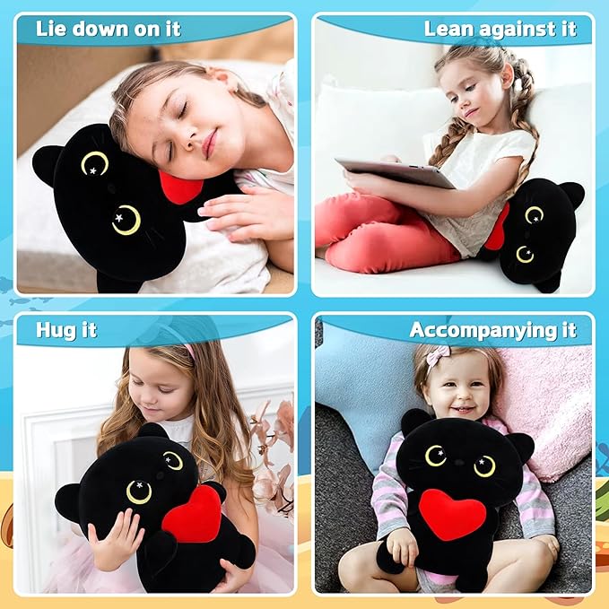 Achwishap Black Cat Plush,Cute Cat Stuffed Animal-14” Kawaii Black Cat Plush Toys Birthday Gifts for Girls Boys Adults,Cute Plushies Soft Kitten Plushie Cuddle Pillow for Kids,Red Love Heart Plush