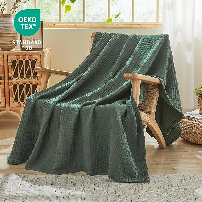 EMME Muslin Blankets for Adults Throw Blanket for Couch Breathable Gauze Soft Lightweight Airy Forest Green Twin XL 66" x 90"