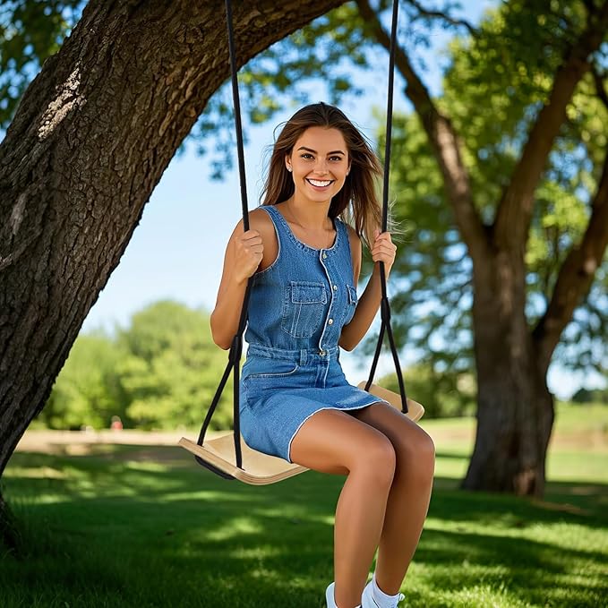 PELLOR Birch Wood Tree Swing - 330lbs Load, 20.8"x7.8" Swing Seat for Adults&Kids, 59-86" Adjustable Nylon Rope, Indoor/Balcony Outdoor Swing for Parent-Child Interaction