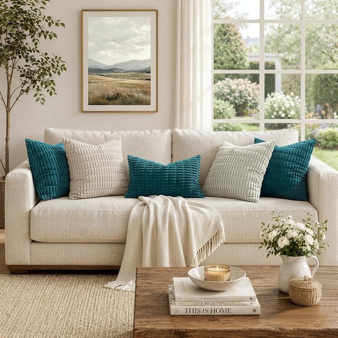 MIULEE Lumbar Corduroy Decorative Throw Pillow Covers 12x20 Teal Pack of 2 | Soft Boho Striped Pillow Covers Modern Farmhouse Coastal Home Decor For Sofa Living Room Couch Bed