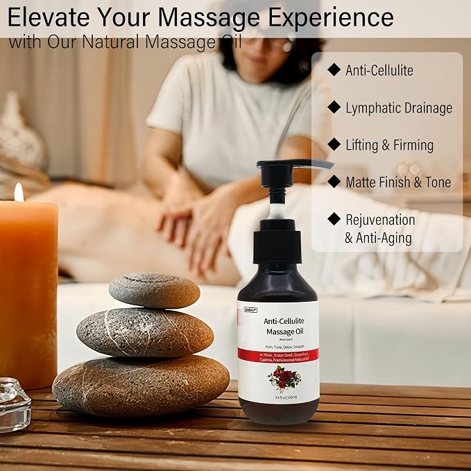 3.4 fl oz Anti-Cellulite Massage Oil with 7 Pure Natural Essential Oils for Body Massage Therapy, SPA, Tightening Skin and Reducing Stretch Marks(Rose Scent)