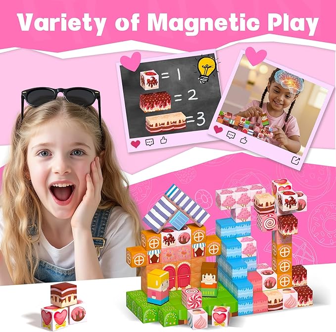 Magnetic Building Blocks,Magnetic Cubes Pink Princess Set for Kids Age 3+ Girls Stacking Building for Kids Magent Blocks Constrcution Preschool Learning Toys Birthday Gifts(150pcs 0.8inch)