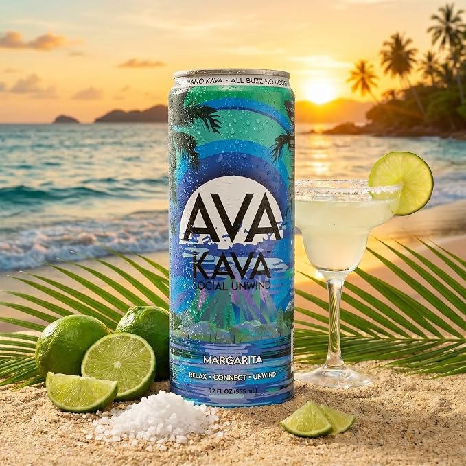 AVA Kava | Alcohol-Free Relaxation Drink | Margarita | Fast Acting Nano Kava • Zero Sugar Alcohols • Vegan • Plant Based • No Preservatives • Natural Flavors • Non GMO • Gluten Free | 12oz Cans (6-Pack)