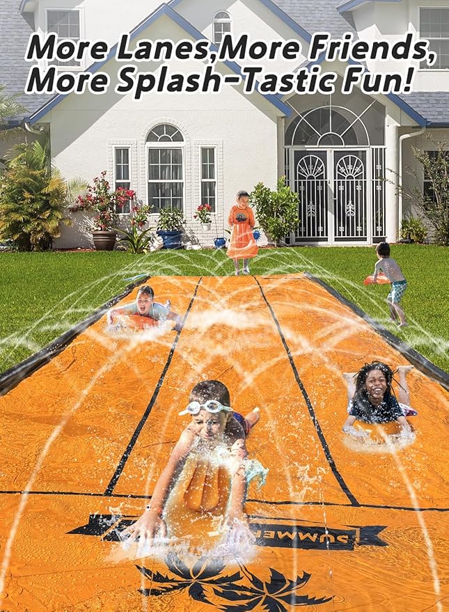 Spring Water Slip and Water Slide for Kids Backyard, 22ft*3 Racing Lanes Slip Water Slides with Sprinkler for Age 5-8 8-12, Summer Outdoor Water Toy with 3 Inflatable Bodyboards