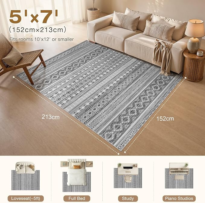 cotiled 5x7 Area Rugs Living Room Rug: Washable Boho Rugs with Non Slip Backing Large Soft Indoor Stain Resistant Carpet for Bedroom Farmhouse Dining Room Lightweight Home Decor Beige Grey