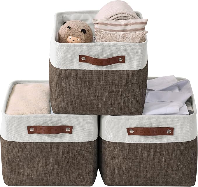 DECOMOMO Storage Bins, Extra Large Fabric Storage Baskets for Shelves 3Pack | 15.8 x 12.5 x 10 inches Decorative Linen Closet Organizers (Brown & White)