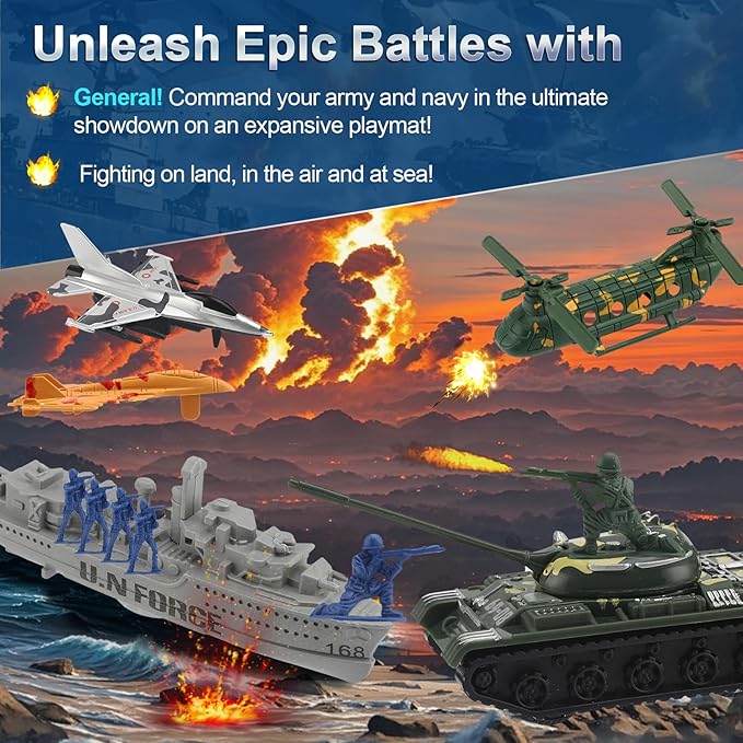 Army Men Playset - Large Set Including Army Men Action Figures, Battle Mat, Army and Navy Weapon Gear Accessories, Military Combat Toys, Army Toys for Boys Age 4-12