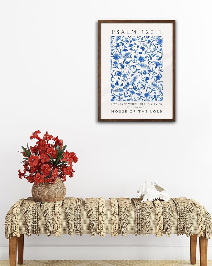 EcoHest 12x16 in Psalm 122:1 Blue Floral Framed Christian Wall Art | Walnut Color Solid Oak Frame， Canvas Wall Art, Botanical Scripture Wall Decor for Bedroom, Living Room, Office, Church, 1Pack