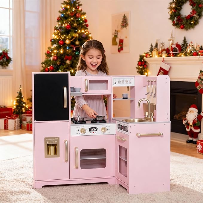 Play Corner Kitchen, Ultimate Interactive Wooden Kids Playset with Light, Light, Montessori Pretend Play Toys, Kids Cooking Playset for Girls & Boys Ages 3+(Pink)