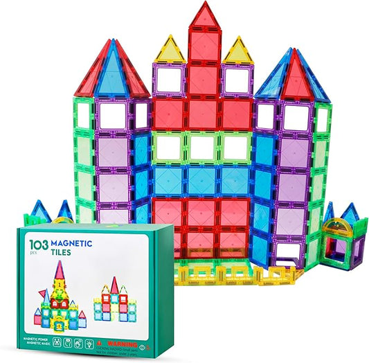 103 PCS Magnetic Tiles for Kids – STEM & Montessori Magnetic Building Blocks for Boys and Girls Ages 3 and Up - Durable & Safe Magnetic Toys Gift Set