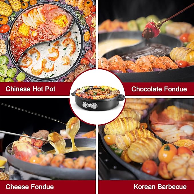 Food Party Hot Pot Electric Korean BBQ Grill Combo Hotpot Smokeless Indoor Grill 16.5" Detachable Easy Cleaning 110V 1800W Shabu Shabu Pot with Divider