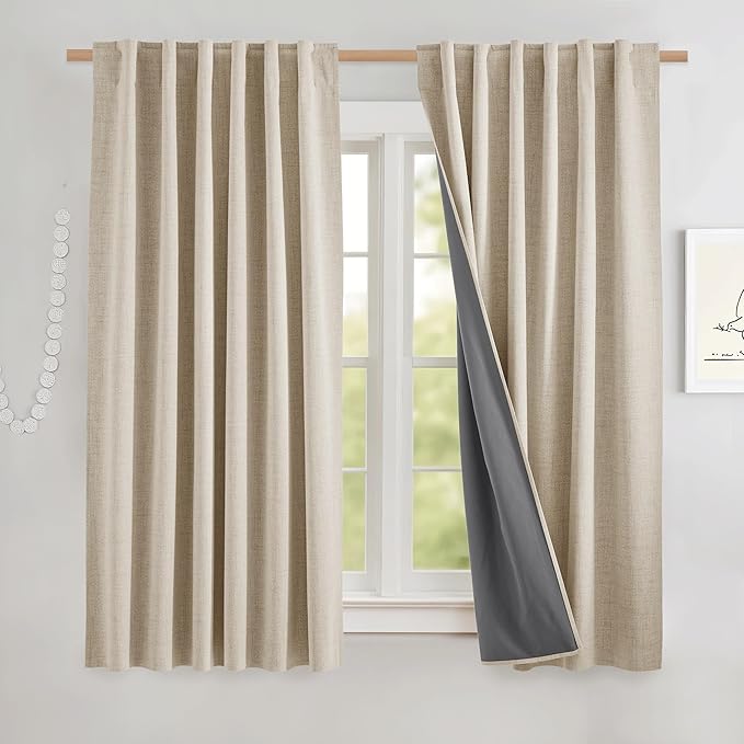 NICETOWN 100% Black Out Curtains 48 inch Long, Thermal Insulated & Noise Reducing Window Draperies with Grey Liner, Linen Blend Short Drapes for Kids' Room (52" W by 48" L, 2 Panels, Beige)