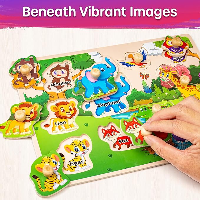 SYNARRY Wooden Puzzles for Toddlers 1-3, 6XSET Puzzles for Toddlers 2-4 with Rack, Learning Alphabet Number Shape Animal Dinosaur, Toddler Valentines Day Easter Basket Stuffers Gifts Toys for Boy Girl