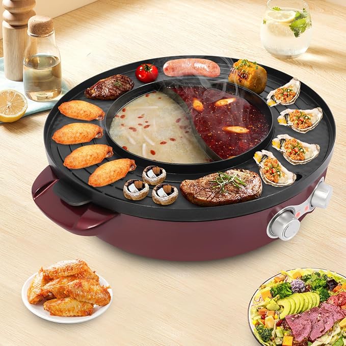 Hot Pot and Grill Combo Electric 2 in 1 Korean BBQ Grill Indoor Shabu Shabu Pot Electric Hot Pot with Grill for Hotpot BBQ, Barbecue & Grill (2200W-Split-Pot)