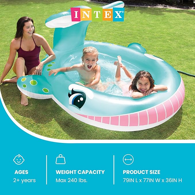 Intex 57440EP Inflatable Whale Spray Kiddie Pool for Kids 2+, 79" x 77" x 36" - Small Blow-Up Splash Pool & Sprinkler, Backyard Toddler Play Center