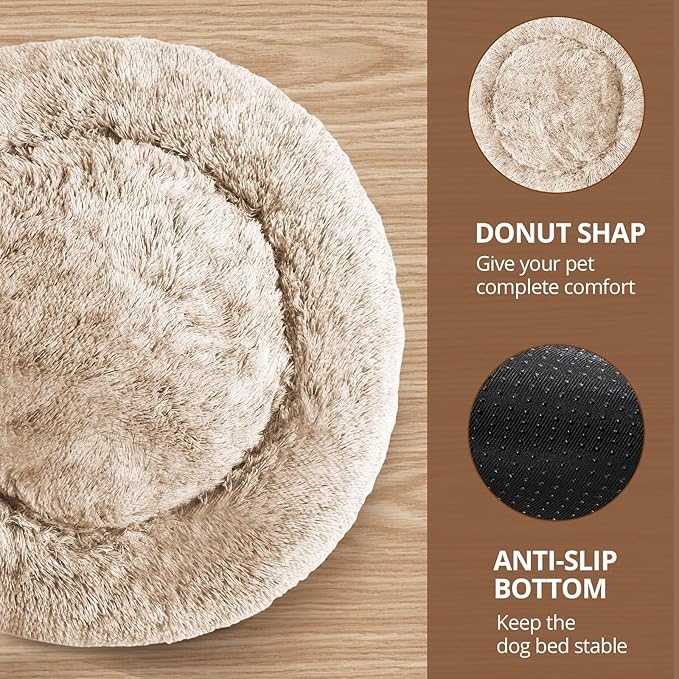 JOLLYVOGUE Calming Dog & Cat Bed for Large Dogs, Anti-Anxiety Donut Cuddler Cozy Soft Round Bed with Anti-Slip Bottom, Fluffy Faux Fur Plush Cushion Beds for Medium Dogs (36")