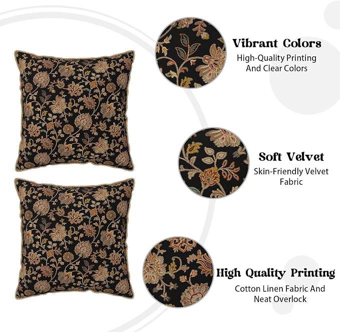 Vintage Tapestry Floral Soft Velvet Throw Pillow Covers Set of 2 Black Brown Bohemian Boho Carpet Flowers Decorative Pillow Covers 16x16 Inch Rustic Retro Rug Pillow Case For Sofa Couch Home Decor