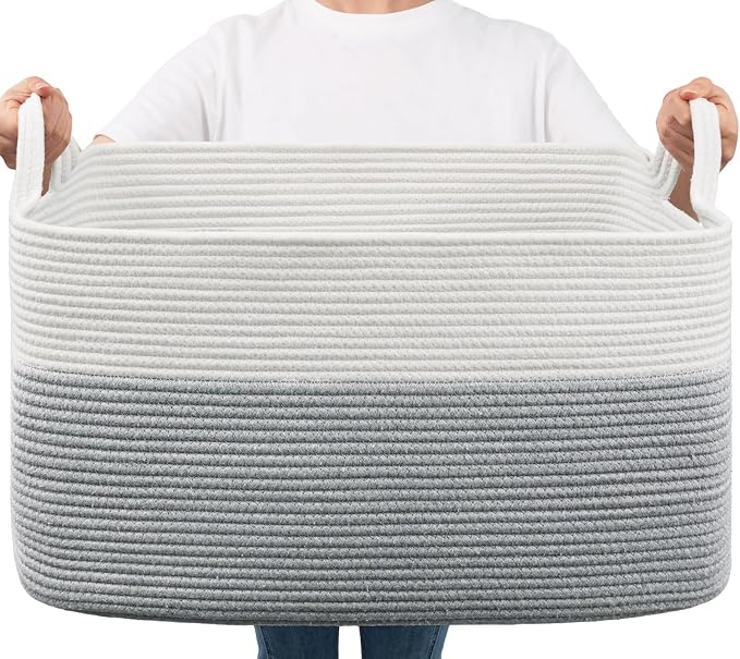Goodpick Large Woven Rope Blanket Basket, Rectangle, White Gray | 21.6'' x 14.9'' x 11.8'' Storage Basket for Toys, Blankets & Clothes, Nursery & Bedroom Organization, Reinforced Handles