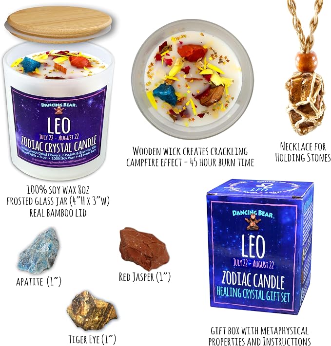 DANCING BEAR Leo Zodiac Candle Gift Box Set with 3 Healing Crystals & Stone Holder Necklace, 100% Soy Scented Wax, Crackling Wood Wick, 45 Hour Burn Time