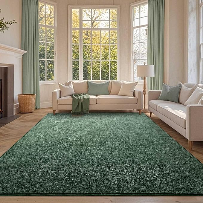 FinRèc 7x10 Washable Area Rugs for Bedroom Living Room, Low Pile Thin Rug Solid Color, Non-Slip Carpet Indoor for Home Decor (Green/White)