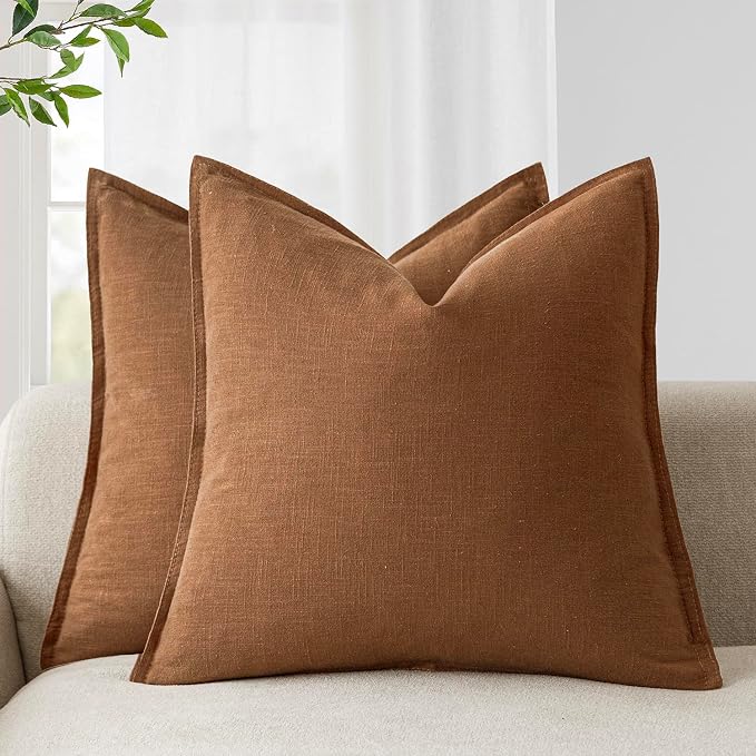 Foindtower Pack of 2, Decorative Linen Soild Throw Pillow Covers Soft Accent Cushion Case Boho Farmhouse Pillowcase for Chair Couch Sofa Bedroom Living Room Home Decor 20 x 20 Inch Orange Brown