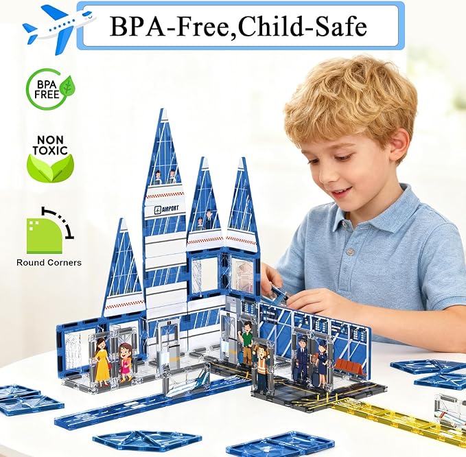 Magnetic Tiles, 54PCS Airport Theme Building Blocks Set, Magnet Building Blocks and STEM Preschool Educational Toys for Kids Toddlers Ages 3-5 5-7 8-10
