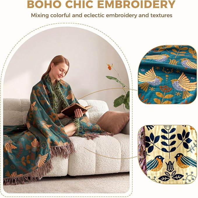 LUTBM Boho Throw Blanket for Bed 60"x80", 100% Cotton Cozy Couch Blankets | Reversible Floral Birds Jacquard Summer Quilt, All-Season, For Chair Sofa Living Room, Lightweight Breathable, Home Decor