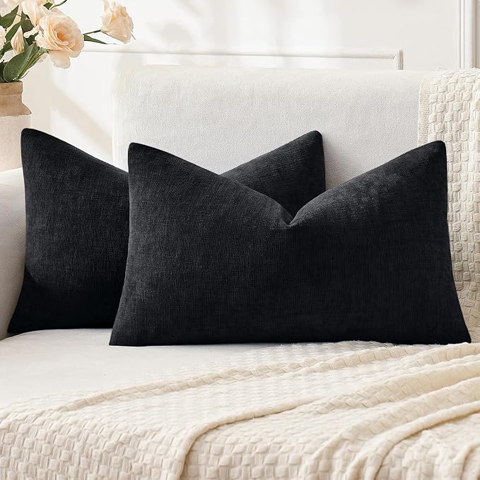 MIULEE Black Chenille Couch Lumbar Throw Pillow Covers, 12x20 | Set of 2, Soft Halloween Home Decor, Modern Farmhouse Decorative Pillowcases for Sofa Living Room Bed