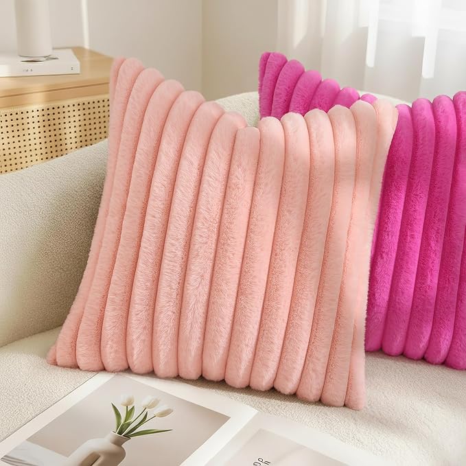 decorUhome Fall Faux Fur Throw Pillow Covers 24x24 Set of 2 Hot Pink | Decorative Soft Cozy Striped Plush Modern Farmhouse Boho Couch Pillow Cases Velvet Back for Sofa Bed Living Room Home Decor