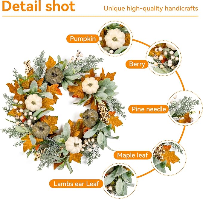 20" Fall Wreath Front Door Pumpkin Lambs Ear Maple Leaf Artificial Wall Decor Farmhouse Autumn Wreath Thanksgiving Home Porch Outdoor Indoor Holiday Harvest Decor