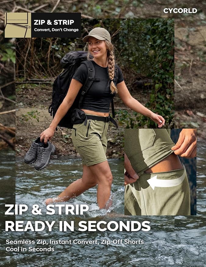 Cycorld Women's-Hiking-Pants-Convertible Quick-Dry-Stretch-Lightweight Zip-Off Outdoor Pants with 5 Deep Pockets