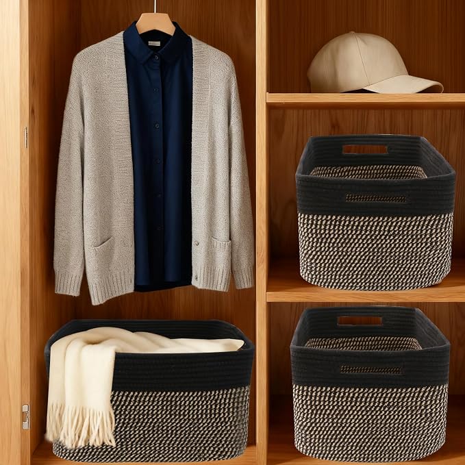 3 Pack Woven Baskets,Storage Baskets for Shelves with Handles | 13.5"×11"×9.5", Closet Baskets, Nursery Organizer for Toys Towels Books, Storage Bin for Living Room Bedroom (Black & Jute)
