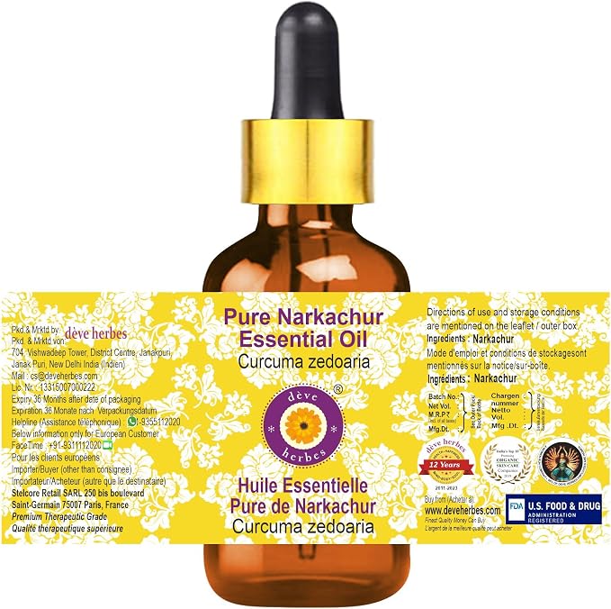 Deve Herbes Pure NAR Kachur Essential Oil (Curcuma zedoaria) with Glass Dropper Steam Distilled 30ml (1 oz)
