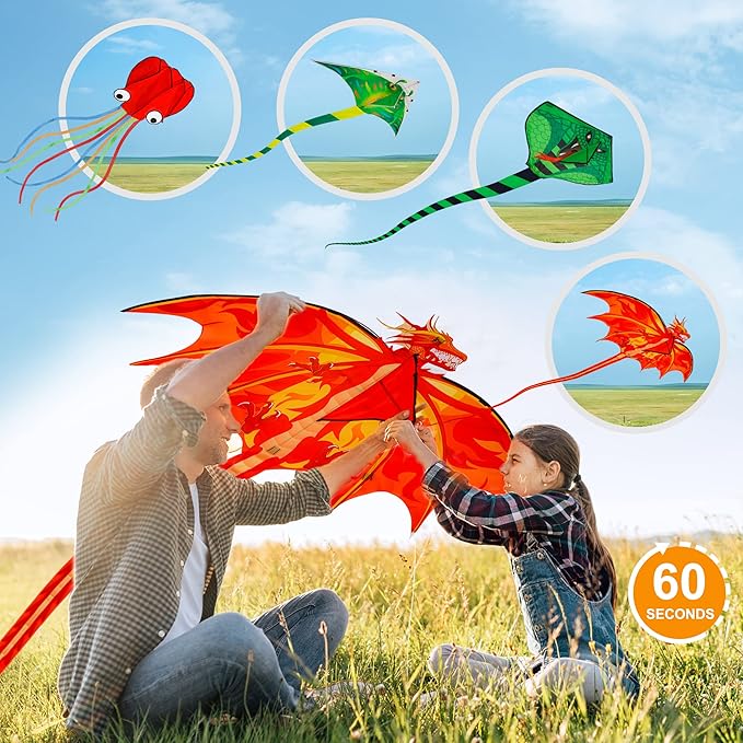 4 Pack Kites - Large Fire Dragon Kite Green Snake Devil Fish Red Mollusc Octopus with Long Colorful Tail for Kids Adults Beach Toy Gifts Outdoor Game Activities