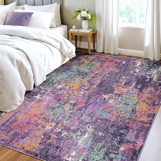 RELEANY Washable Area Rugs 4'x6' Non-Slip Modern Abstract Soft for Living Room Entryway Bedroom Kitchen, Print Pattern, Purple Orange Blue Green Rust Red Colorful