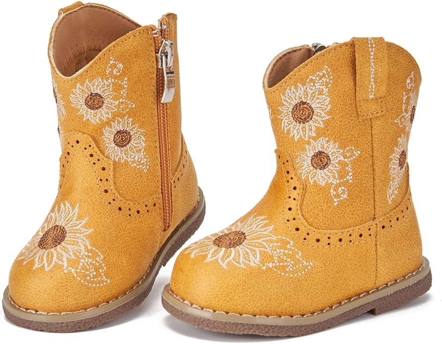 Newsonet Baby Cowboy Cowgirl Boots Infant Western Boots Toddler Boys Girls Round Toe Riding Mid Calf Boots All Seasons for 6 9 12 18 24 Months
