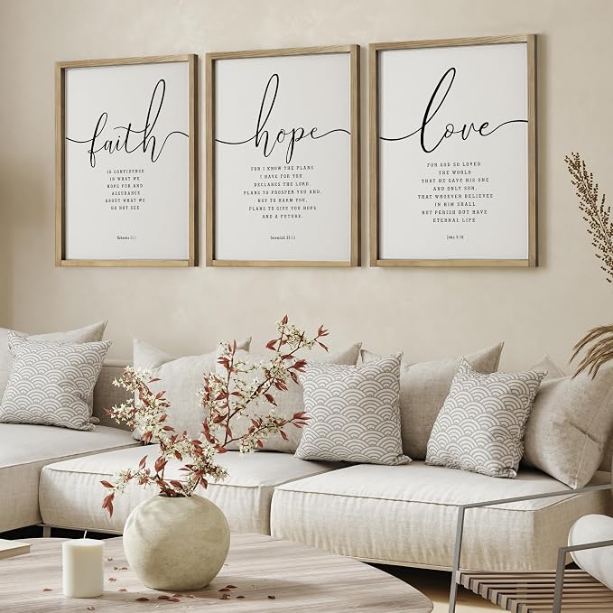 Houmury Set of 3 Framed Farmhouse Bible Verses Wall Decor Sign 11”x14” Christian Faith Scripture Wall Art for Home Bedroom Wall Decor (11"x14" Brown)