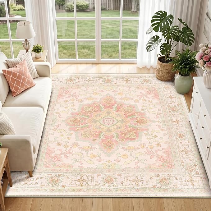 CAPALOCA Square 6ft Washable Nursery Girls Low Pile Area Rug Pink Green | Non-Slip Soft Rugs for Bedroom Kids Playroom Living Room, Print Pattern Water Repellent Carpet Indoor Decor
