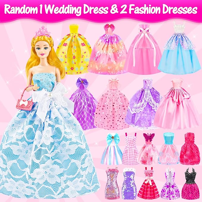 67Pcs Doll Clothes and Accessories with Doll, Motorcycle Scooter Set, Skiing Kit, Pet Set, 10 Shoes, 6 Outfits (Dress/Pants/Casual), Doll Playset Dress Up Toys for Girls Kids Toy Gifts