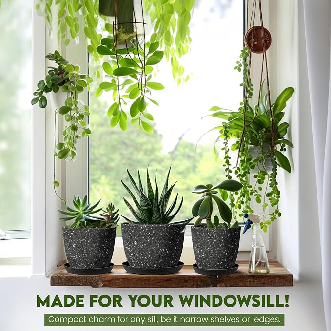 Plant Pots Indoor with Drainage 5 Pack Multi-Size Planters Set Spotty Black | Drainage holes included Multiple sizes 7/6.6/6/5.3/4.8 In Indoor plants and flowers Durable plastic construction