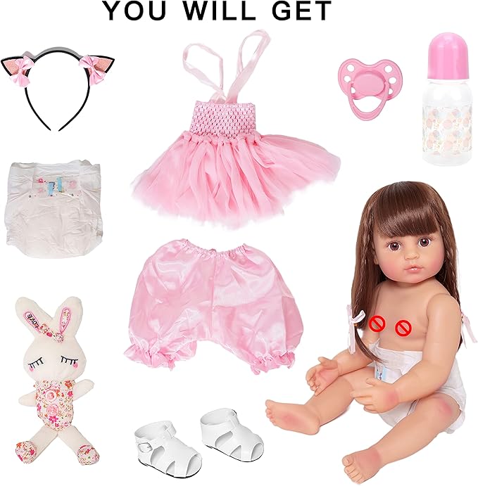 Lifelike Reborn Baby Dolls - 22-inch Soft Body Realistic Newborn Baby Doll Silicone Full Body Real Life Baby Dolls with Feeding Kit Toys Accessories for Ages 3+ Year Old Girls or Collection