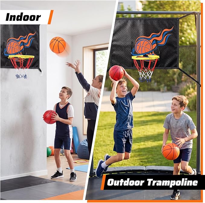 Trampoline Basketball Hoop Attachment, with 3 Basketballs and Pump & Hooks, Easy to Install, Universal Accessories Goal Game Fits 8 10 12 14 15 16 FT Trampoline Indoor Outdoor
