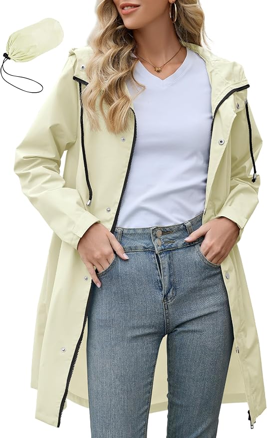 Zando Long Packable Rain Jacket Women Waterproof Raincoat with Hood | Relaxed-Fit Lightweight Windbreaker for Women; Travel Rain Coats for Commute, Hiking, Cruise, and Daily wear