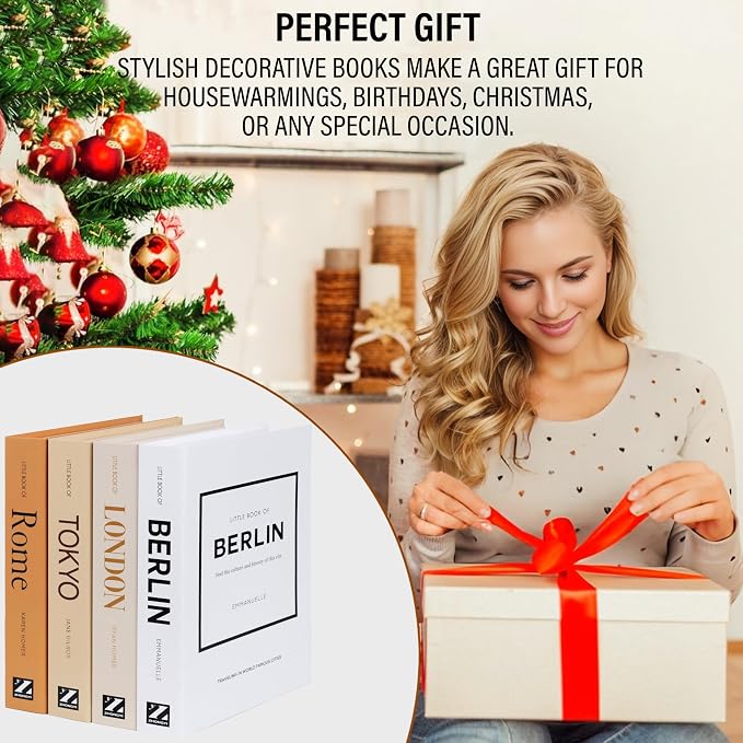 4 Pcs Decorative Books | Faux Mocha Coffee Table & Shelf Decor | Warm Modern Look for Living Room, Office and Entryway - Not Real, Tool-Free 2-Min Setup
