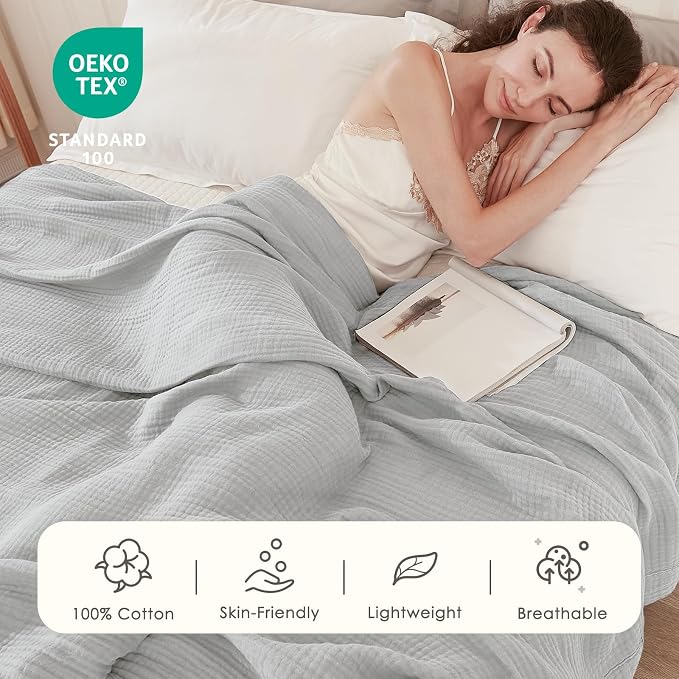 EMME Muslin Blankets for Adults Throw Blanket for Couch Breathable Gauze Soft Lightweight Airy Light Grey Throw XL 50" x 71"