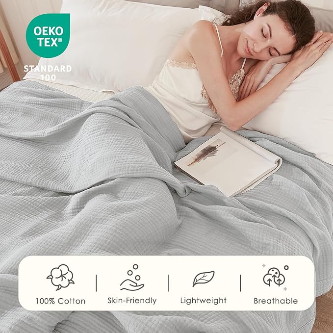 EMME Muslin Blankets for Adults Throw Blanket for Couch Breathable Gauze Soft Lightweight Airy Light Grey Twin XL 66" x 90"