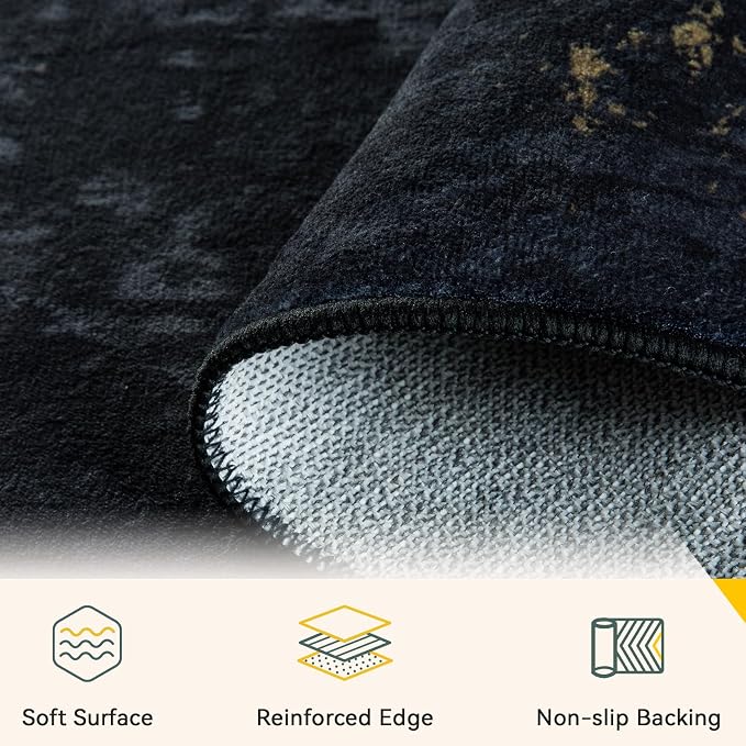 RELEANY Washable Area Rugs 8ft Non-Slip Modern Abstract Soft for Living Room Entryway Bedroom Kitchen, Print Pattern, Dark Black Gold