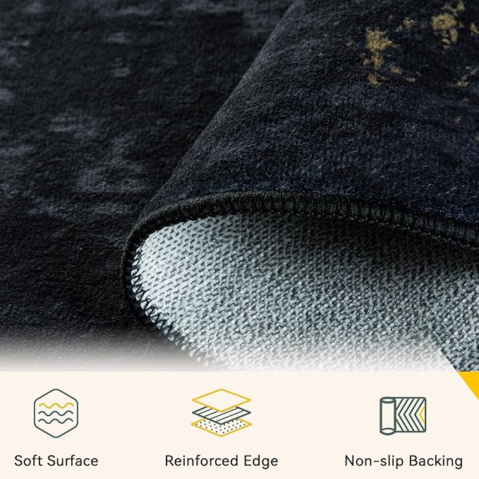 RELEANY Washable 5'x7' Abstract Area Rug for Living Room Black Gold | carpet for bedroom, kitchen, office, hallway and entryway, printed pattern, non-slip, soft, stain-resistant, easy to clean