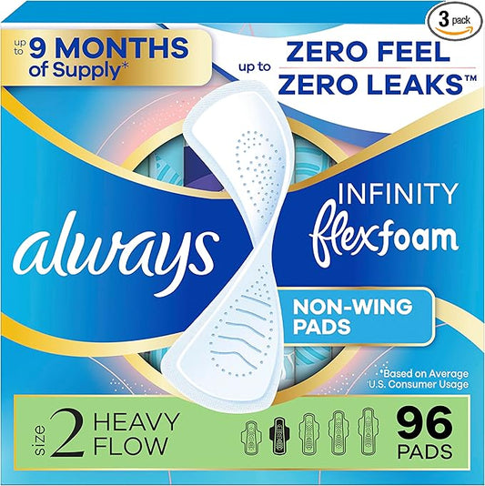 Always Infinity Feminine Pads for Women, Flexfoam Pads Without Wings, Size 2, Heavy Absorbency, Unscented, 96 Count (3 Packs of 32)